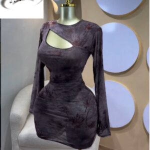 Asymmetrical Cutout Front O-neck Long Sleeve Bodycon Mini Dress