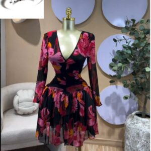 Floral Printed Deep V-neck Neck Fit and Flare Ruched A-line Dress