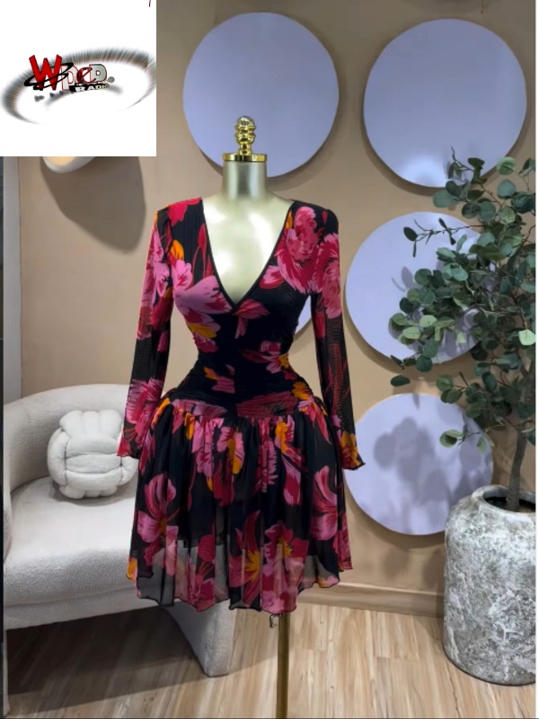 Floral Printed Deep V-neck Neck Fit and Flare Ruched A-line Dress