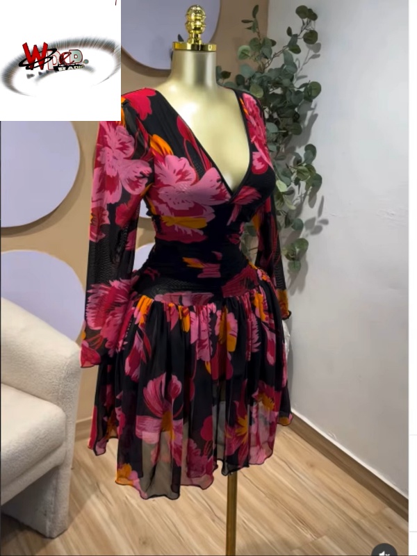 Floral Printed Deep V-neck Neck Fit and Flare Ruched A-line Dress - Image 3