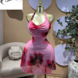 Floral Printed Sleeveless Halter Neck Backless A-line Mesh Mini Dress
