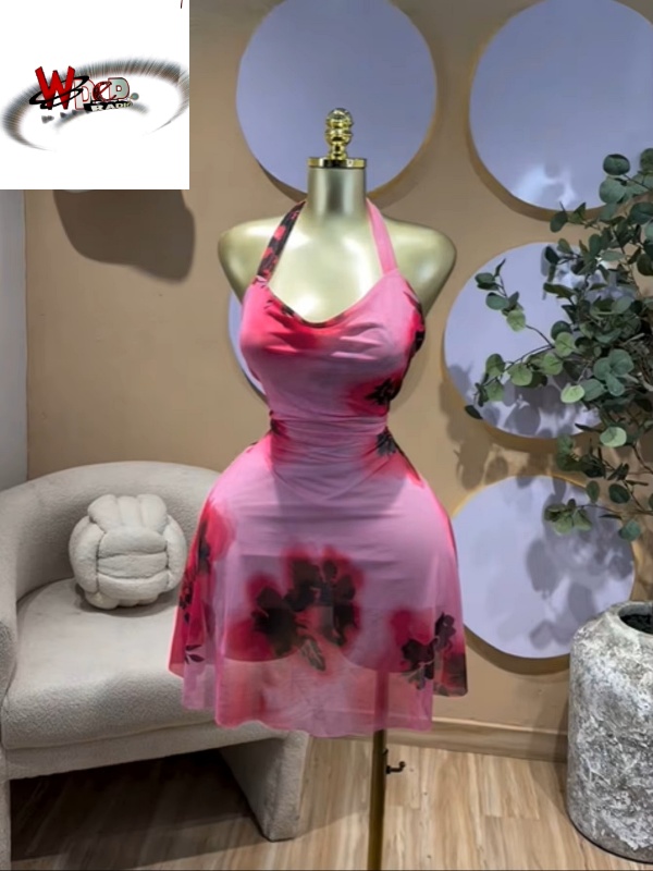 Floral Printed Sleeveless Halter Neck Backless A-line Mesh Mini Dress