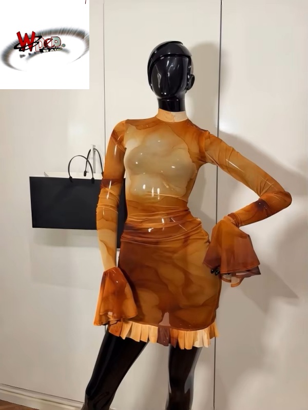 O-Neck Bodycon See Through Pleated Mini Dress