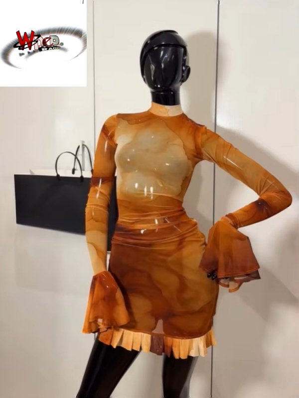 O-Neck Bodycon See Through Pleated Mini Dress - Image 3