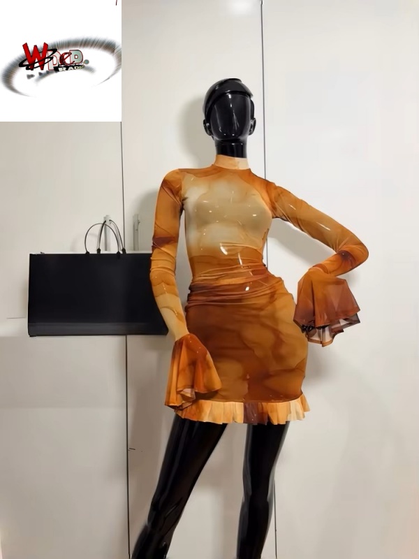O-Neck Bodycon See Through Pleated Mini Dress - Image 4