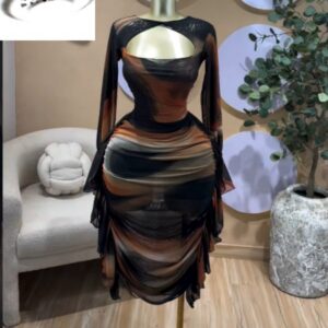 Tie Dye Printed Cutout Wrap Crew Neck Ruffles Side Ruched Midi Mesh Dress