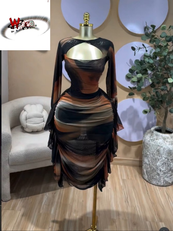 Tie Dye Printed Cutout Wrap Crew Neck Ruffles Side Ruched Midi Mesh Dress