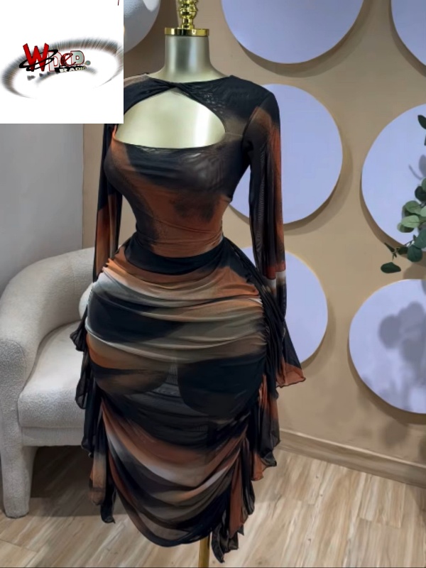Tie Dye Printed Cutout Wrap Crew Neck Ruffles Side Ruched Midi Mesh Dress - Image 3