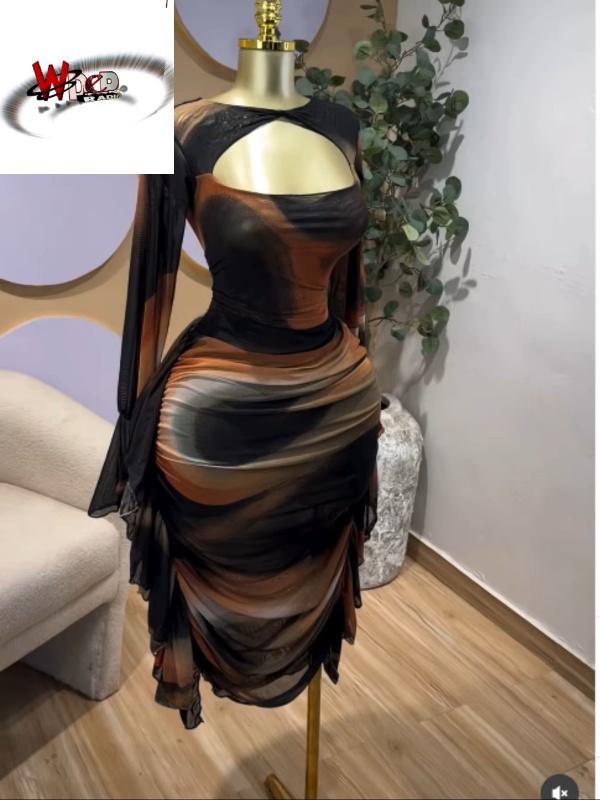 Tie Dye Printed Cutout Wrap Crew Neck Ruffles Side Ruched Midi Mesh Dress - Image 4