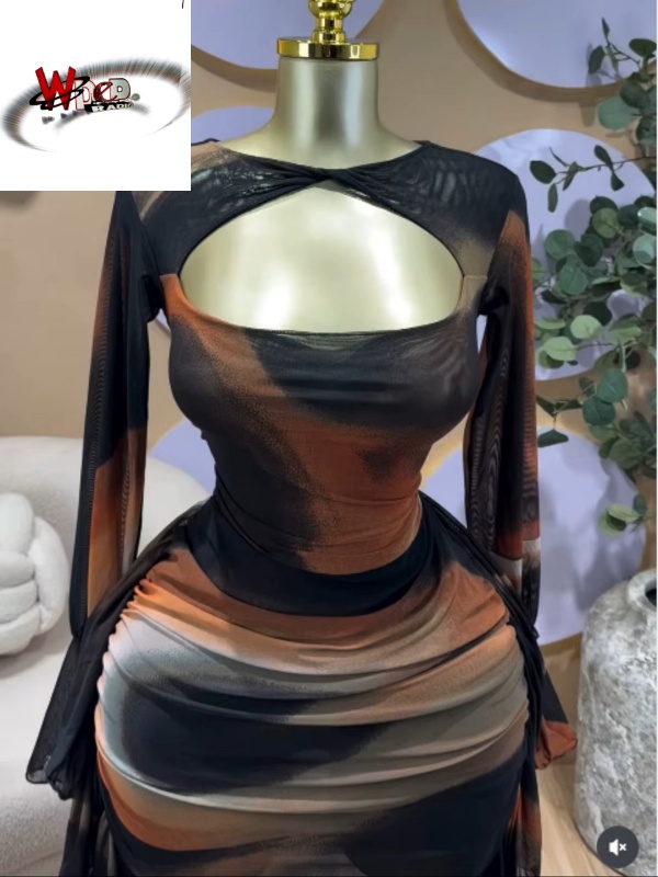 Tie Dye Printed Cutout Wrap Crew Neck Ruffles Side Ruched Midi Mesh Dress - Image 5