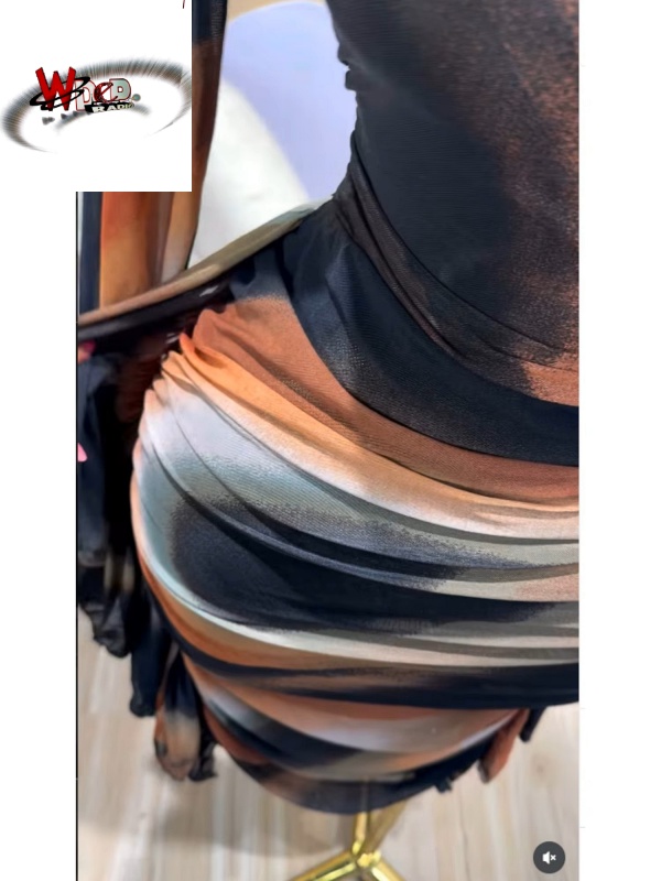 Tie Dye Printed Cutout Wrap Crew Neck Ruffles Side Ruched Midi Mesh Dress - Image 6