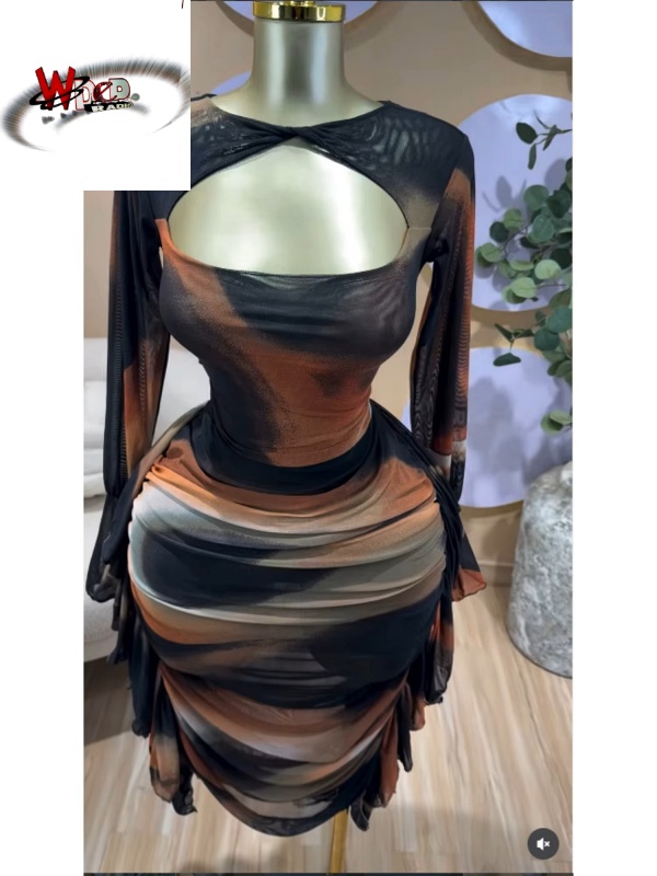 Tie Dye Printed Cutout Wrap Crew Neck Ruffles Side Ruched Midi Mesh Dress - Image 7