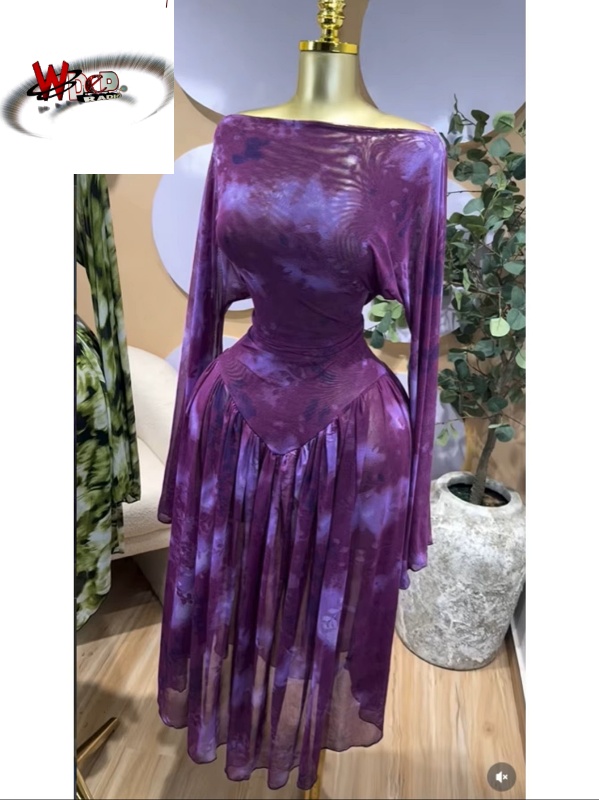 Tie Dye Printed Off Shoulder Pleated A-line Dress