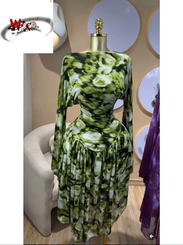 Tie Dye Printed Off Shoulder Pleated A-line Dress - Image 3