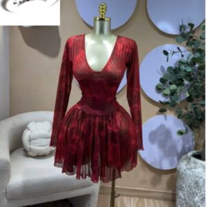 V-neck Corset Lace Up Fit and Flare Mesh A-line Dress