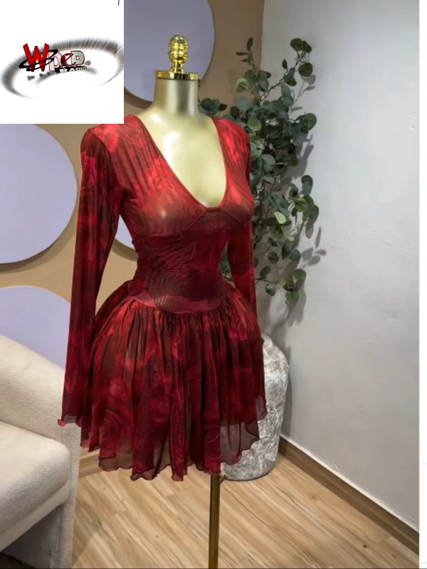 V-neck Corset Lace Up Fit and Flare Mesh A-line Dress - Image 3