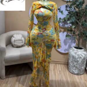 Floral Print Bell Long Sleeve Wrap Cutout Ruffles Ruched Maxi Dress