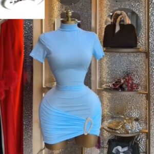 High Collar Ruched Short Sleeve Bodycon Mini Dress