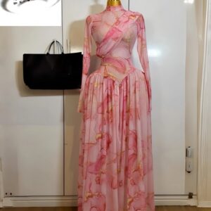 O-neck Long Sleeve Print Pleated Mermaid Maxi Dress