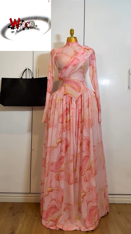 O-neck Long Sleeve Print Pleated Mermaid Maxi Dress - Image 3