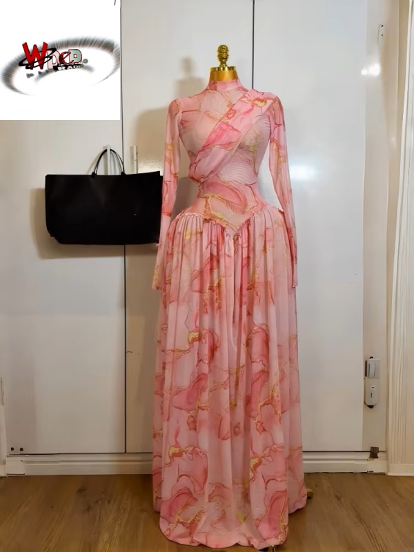 O-neck Long Sleeve Print Pleated Mermaid Maxi Dress - Image 5