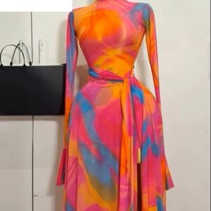Print Long Flare Sleeve Belt Mermaid Maxi Dress
