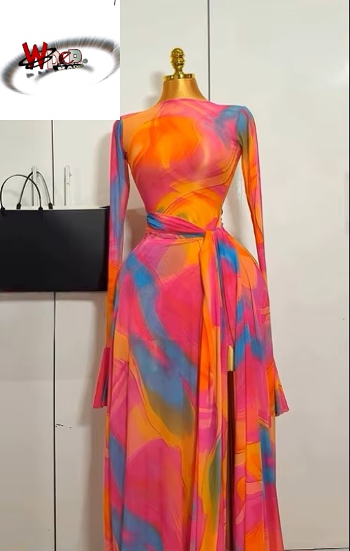 Print Long Flare Sleeve Belt Mermaid Maxi Dress