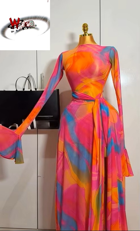 Print Long Flare Sleeve Belt Mermaid Maxi Dress - Image 3