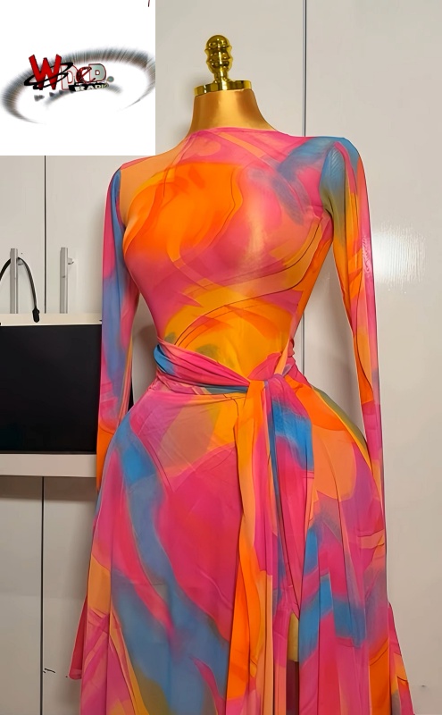 Print Long Flare Sleeve Belt Mermaid Maxi Dress - Image 4