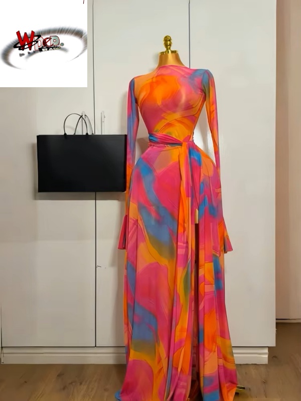 Print Long Flare Sleeve Belt Mermaid Maxi Dress - Image 6