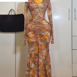Print Long Sleeve O-neck Ruched Bodycon Mermaid Maxi Dress