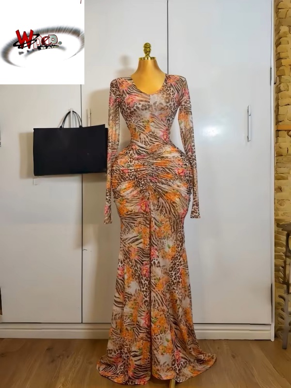 Print Long Sleeve O-neck Ruched Bodycon Mermaid Maxi Dress - Image 3