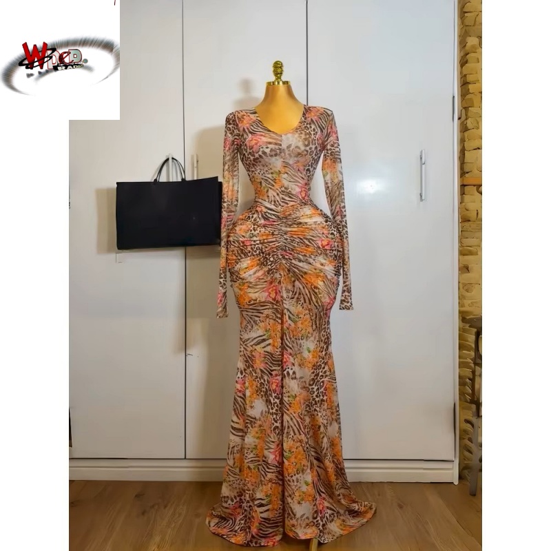 Print Long Sleeve O-neck Ruched Bodycon Mermaid Maxi Dress - Image 4