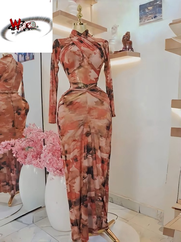 Tie Dye Print Bodycon Stacked Ruched Mermaid Maxi Dress