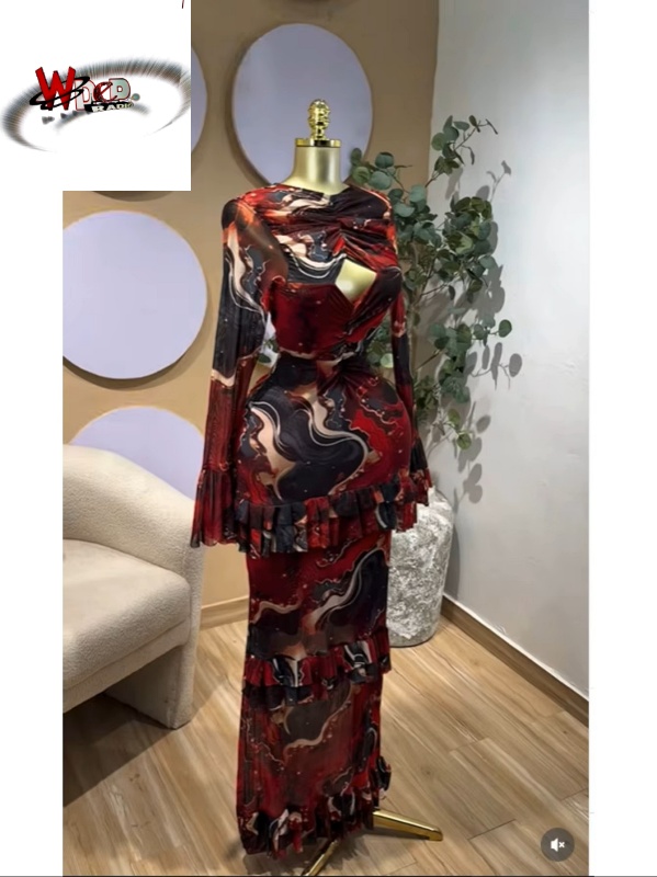 Tie Dye Print Flare Long Sleeve Cutout Ruched Ruffles Bodycon Maxi Dress - Image 2