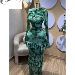 Tie Dye Print Flare Long Sleeve Cutout Ruched Ruffles Bodycon Maxi Dress