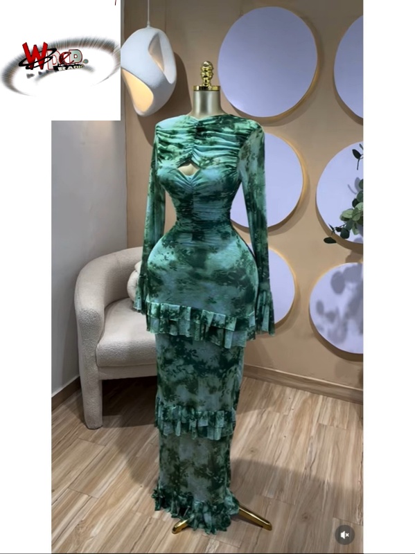 Tie Dye Print Flare Long Sleeve Cutout Ruched Ruffles Bodycon Maxi Dress