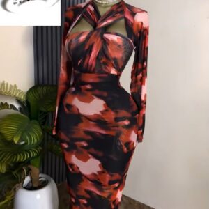 Tie Dye Print Hollow Out Bodycon Long Sleeve Maxi Dress