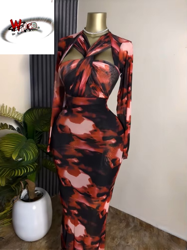 Tie Dye Print Hollow Out Bodycon Long Sleeve Maxi Dress