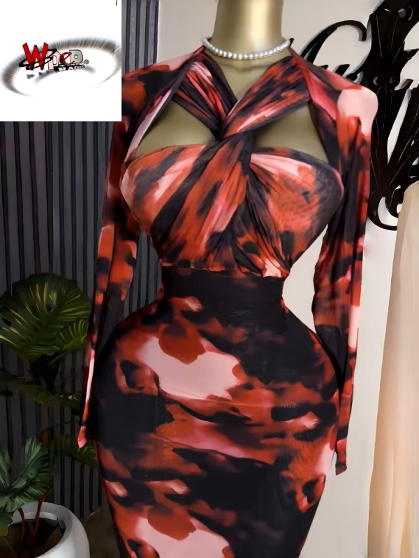 Tie Dye Print Hollow Out Bodycon Long Sleeve Maxi Dress - Image 3