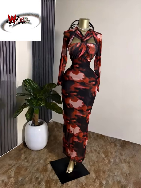 Tie Dye Print Hollow Out Bodycon Long Sleeve Maxi Dress - Image 5