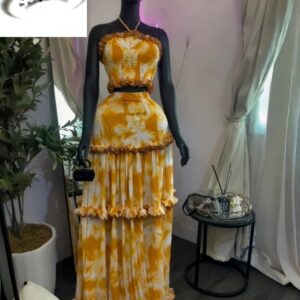 Tie Dye Print Halter Crop Top & Ruffles Long Skirt Two Piece Set