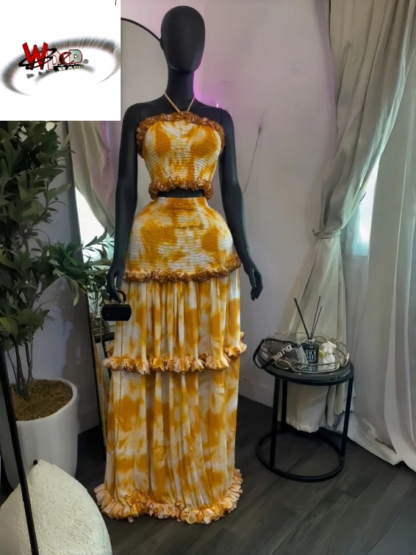 Tie Dye Print Halter Crop Top & Ruffles Long Skirt Two Piece Set