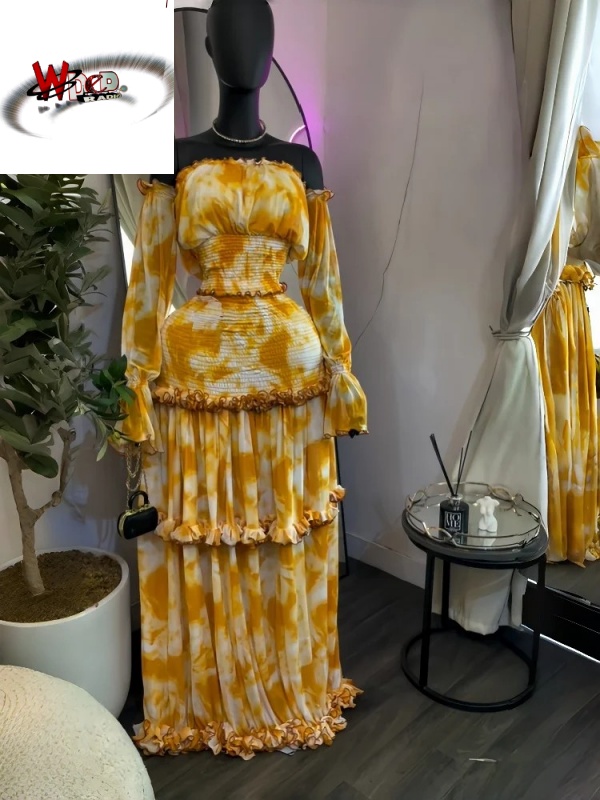 Tie Dye Print Halter Crop Top & Ruffles Long Skirt Two Piece Set - Image 3