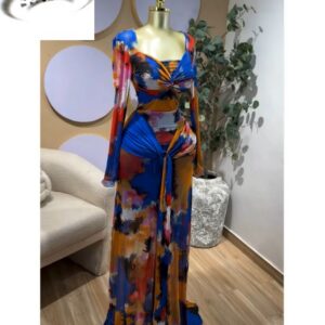 Tie Dye Printed Long Sleeve Wrap Plunging V-neck Maxi Dress