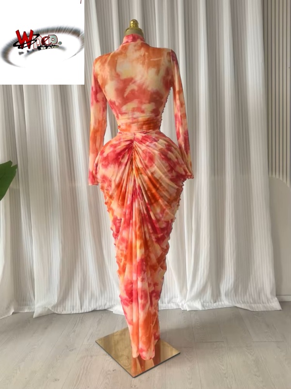 Tie Dye Printed O-neck Crop Top & Ruched Maxi Skirt Two Piece Set - Image 5