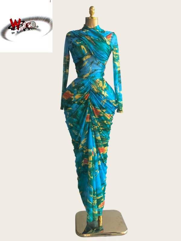 Tie Dye Printed O-neck Crop Top & Ruched Maxi Skirt Two Piece Set - Image 3