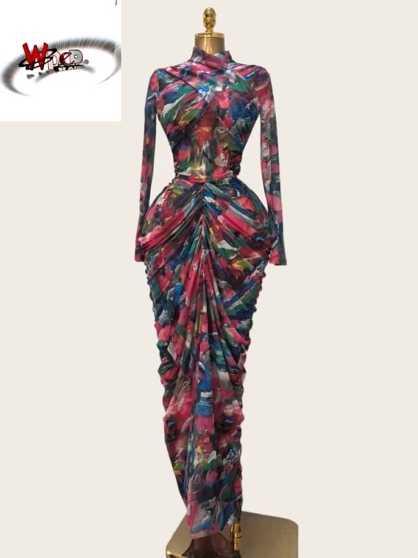 Tie Dye Printed O-neck Crop Top & Ruched Maxi Skirt Two Piece Set - Image 4